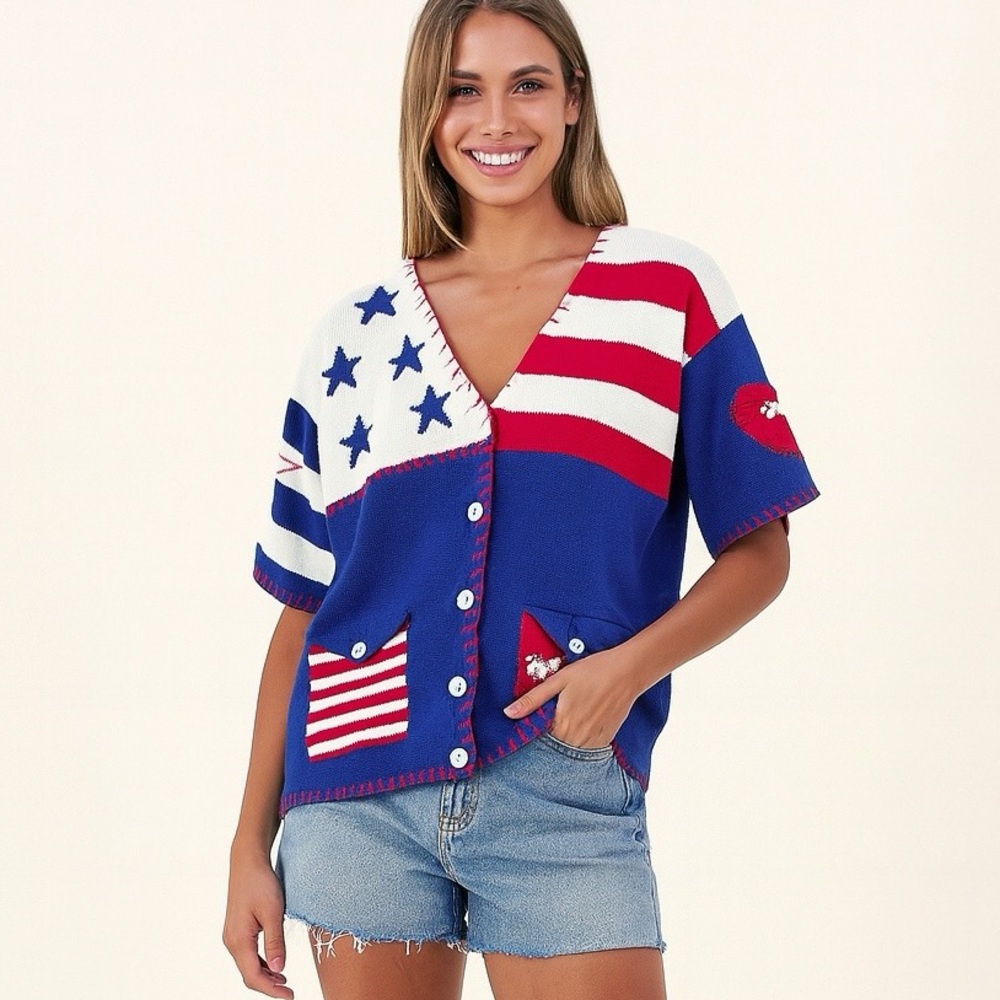 80s Vintage Americana Stars & Stripes Heart Patch Patriotic Cardigan Sweater XL - Picture 13 of 14